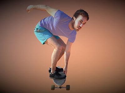 Man Balanced On Skateboard In Purple Tee Shirt Light Blue Shorts Orange Background 3d model