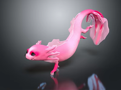 Cute Pink Fantasy Creature Character With Transparent Fins And Long Tail 3d model