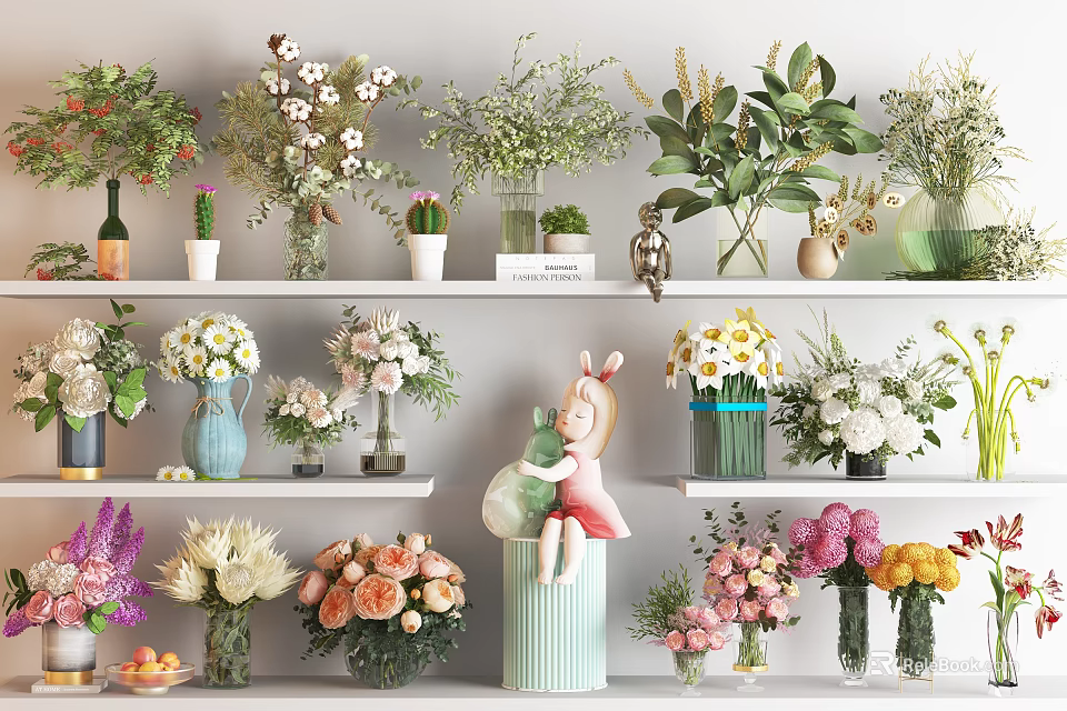 Various Colorful Flower Bouquets In Decorative Vases With Green Plants On Shelves 3d model 
