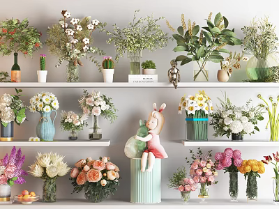 Various Colorful Flower Bouquets In Decorative Vases With Green Plants On Shelves 3d model
