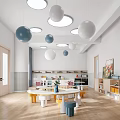 Vibrant Kindergarten Interior Design With Round Tables Colorful Stools Spherical Lights And Wooden Flooring
