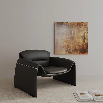 Black Leather Leisure Chair With Modern Design And Abstract Brown Gold Wall Art 3d model