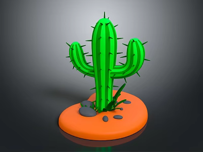 3D Rendered Green Cactus Desert Plant Natural Scene With Orange Base Stones And Grass Blades 3d model