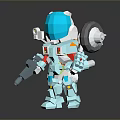 Low Poly Block Style Robot Character With Blue Armor Red Yellow Accents And Weapon Arm