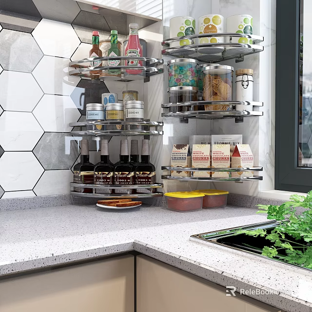 Functional Kitchen Interior With Hexagonal Tile Backsplash Metal Shelving Condiment Bottles Jars And Green Plants 3d model 