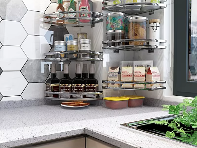 Functional Kitchen Interior With Hexagonal Tile Backsplash Metal Shelving Condiment Bottles Jars And Green Plants 3d model