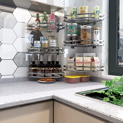 Functional Kitchen Interior With Hexagonal Tile Backsplash Metal Shelving Condiment Bottles Jars And Green Plants 3d model