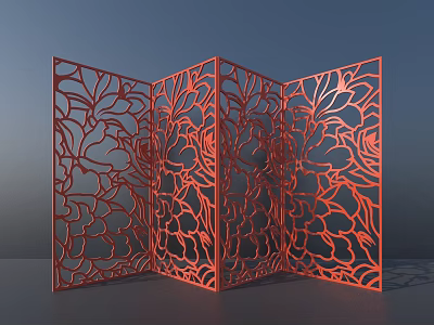 Red Foldable Room Divider With Laser Cut Floral Patterns For Indoor Decor 3d model