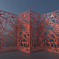 Red Foldable Room Divider With Laser Cut Floral Patterns For Indoor Decor 3d model