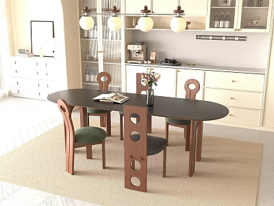 Dining Living Room Interior Design With Oval Wooden Table Green Cushion Chairs Pendant Lights 3d model