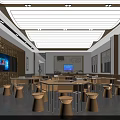 Bright Spacious School Cafeteria With Round Tables Stools TV Screen Wooden Wall Decor And Windows