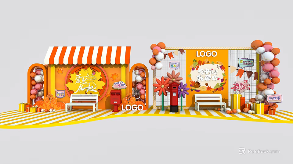 Autumn Themed Store Front With Decorative Balloons Logo Bench And Maple Leaves 3d model