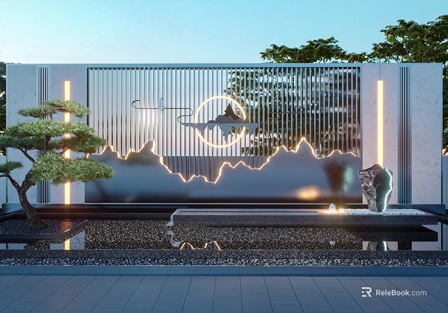 Modern Landscape Feature Wall With Mountain Pattern Lines Illuminated Lighting And Pine Tree 3d model 