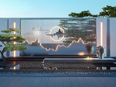 Modern Landscape Feature Wall With Mountain Pattern Lines Illuminated Lighting And Pine Tree 3d model