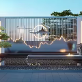 Modern Landscape Feature Wall With Mountain Pattern Lines Illuminated Lighting And Pine Tree 3d model