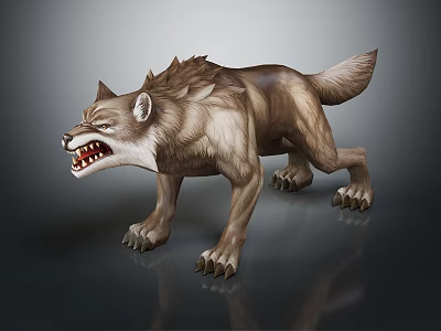 Wolf With Open Mouth Showing Sharp Teeth And Spiky Fur In Aggressive Posture 3d model