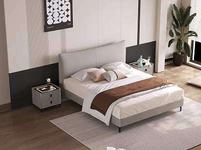 Double Bed in Modern Bedroom with Bedside Tables White Black Wall Green Plant and Painting 3d model