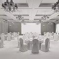 Elegant Banquet Hall Featuring Ornate Chandeliers Arranged Tables Decorative Paintings And Large Screen