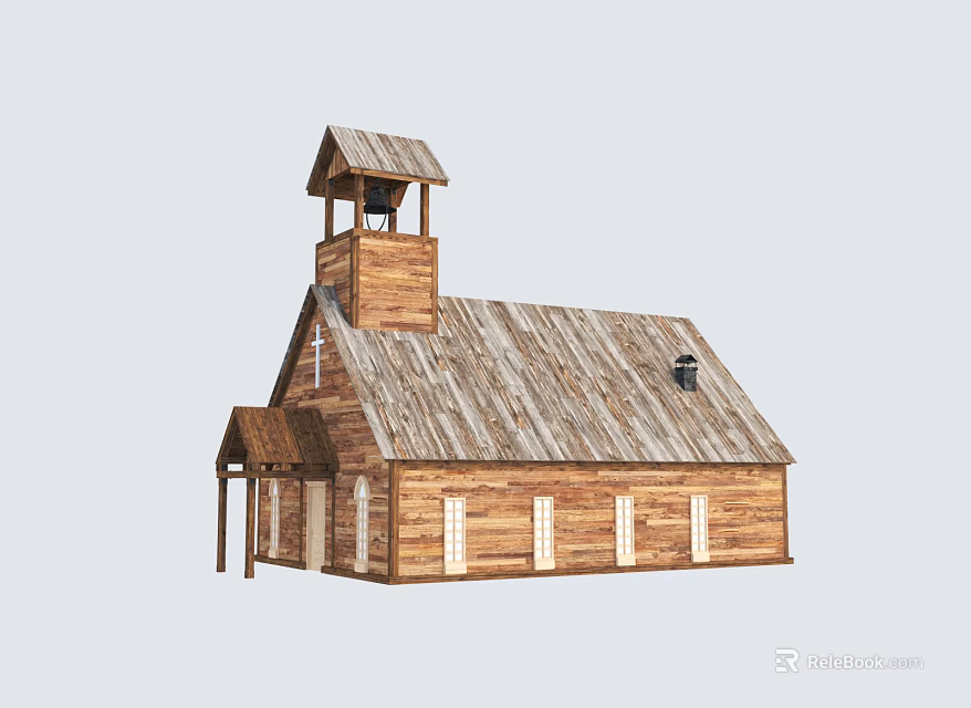 Traditional Wooden House With Bell Tower Sloped Wooden Roof And Windows 3d model 