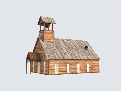 Traditional Wooden House With Bell Tower Sloped Wooden Roof And Windows 3d model