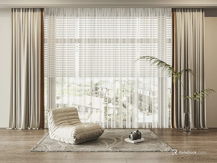Beige Modern Curtains Sheer White Blinds In Large Window Living Room With Cozy Bean Bag 3d model 