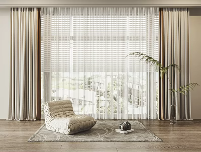 Beige Modern Curtains Sheer White Blinds In Large Window Living Room With Cozy Bean Bag 3d model