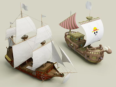 Vintage and Cartoon Style Sailboats with White Sails Striped Design Smiley Face and Wooden Hulls 3d model