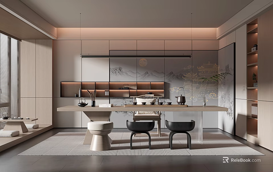 Modern Tea Room Interior Design With Wooden Tea Table And Black Chairs 3d model 