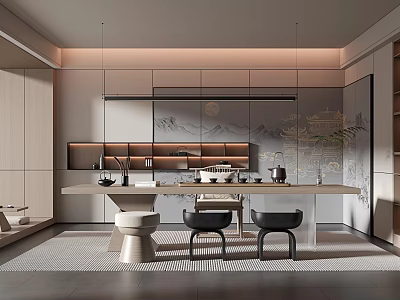 Modern Tea Room Interior Design With Wooden Tea Table And Black Chairs 3d model