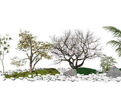 Garden Ornamental Setup With Flowering Deciduous Palm Trees And Stones On Lush Grass 3d model