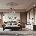 Elegant Modern Bedroom Interior With Chandelier Tropical Plant Mural Green Armchair And Deer Decor