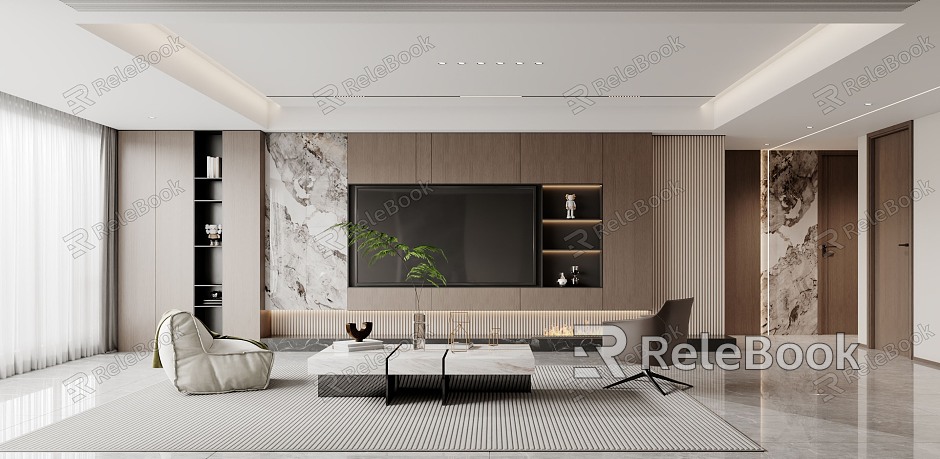 Modern Living Room Sofa Coffee Table Single Chair Leisure Chair Single Sofa TV Cabinet TV Wall Green Plant Potted Plant Ornaments Single Door model