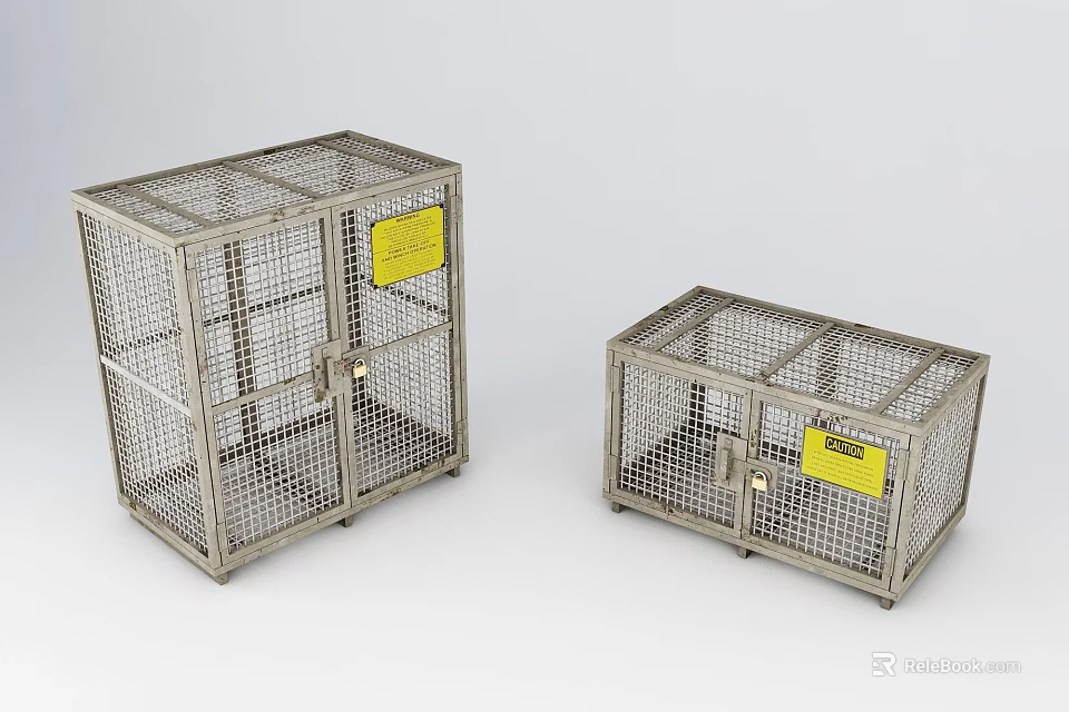 Two Metal Cages With Grid Structure And Yellow Warning Labels 3d model 