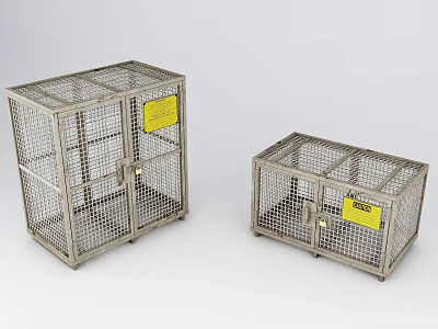 Two Metal Cages With Grid Structure And Yellow Warning Labels 3d model