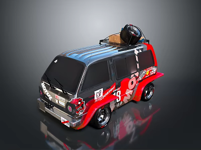 Customized Red And Black Bus Featuring Roof Equipment Racing Style Graphics And Number Thirteen 3d model