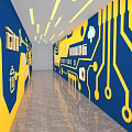 Modern Elevator Corridor With Blue And Yellow Circuit Board Patterns And Icons 3d model