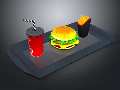 Delicious Fast Food With Hamburger French Fries And Drink On Black Tray With Striped Straw 3d model