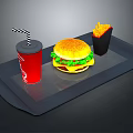 Delicious Fast Food With Hamburger French Fries And Drink On Black Tray With Striped Straw
