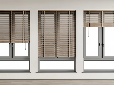Brown Wooden Window Blinds on White Framed Windows in Light Interior 3d model