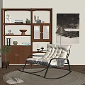 Leisure Rocking Chair with White Padded Seat Black Metal Frame Wooden Shelves Lamp and Plant