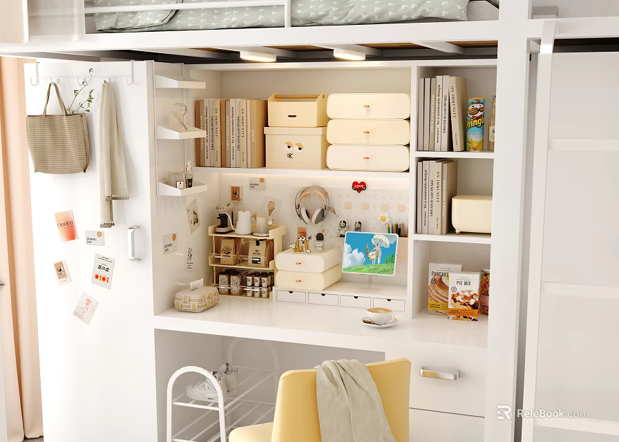Organized White Work Desk With Storage Boxes Bookshelf And Decorative Items 3d model 