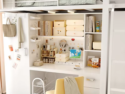Organized White Work Desk With Storage Boxes Bookshelf And Decorative Items 3d model
