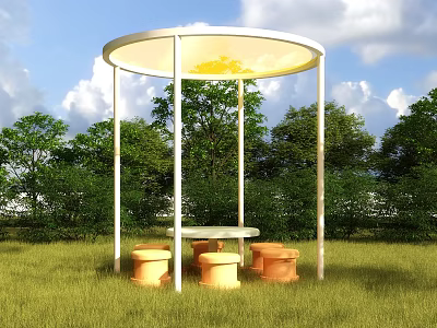 Outdoor Swing Door Gazebo With Wooden Benches And Green Grass Landscape 3d model