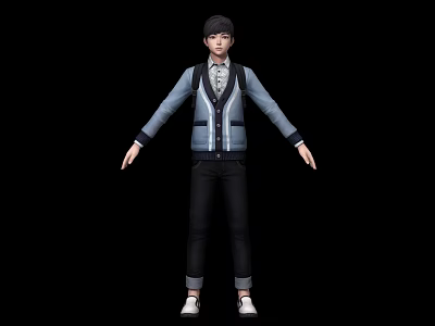 Man Standing in Gray Blue Jacket Black Pants White Shoes and Hat Against Black Background 3d model