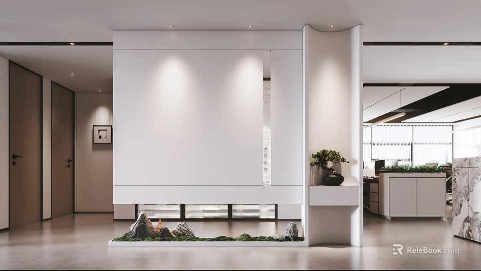 Modern Office Corridor With White Walls Green Plants Small Landscape Open Design And Lighting 3d model 