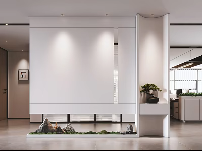 Modern Office Corridor With White Walls Green Plants Small Landscape Open Design And Lighting 3d model