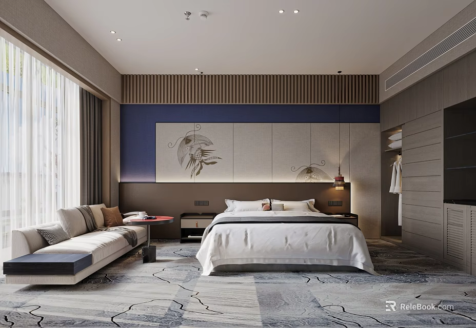 Elegant Hotel Guest Room With King Bed Sofa Patterned Carpet And Decorative Painting 3d model 