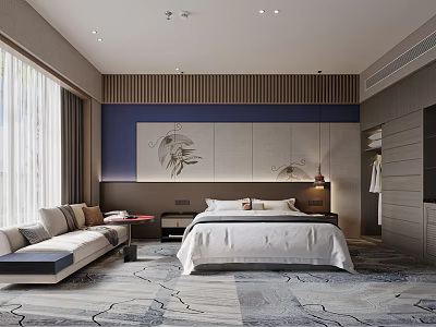 Elegant Hotel Guest Room With King Bed Sofa Patterned Carpet And Decorative Painting 3d model
