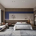 Elegant Hotel Guest Room With King Bed Sofa Patterned Carpet And Decorative Painting