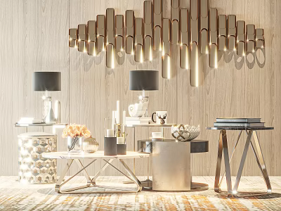 Modern Elegant Coffee Table With Decorative Lamps Vases And Side Tables In Living Space 3d model